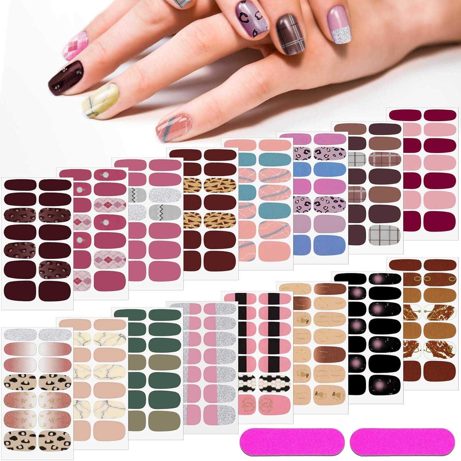 16 Sheets Full Wrap Nail Polish Stickers Self-Adhesive Nail Design Decals Strips Manicure Kits Nail Design Designs with Nail Files for Women Girls DIY Nail Design Decoration (Classic Style)