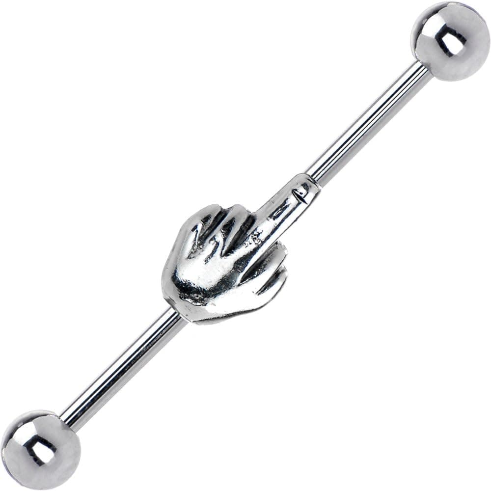 14g Industrial Bar Decorated with a Hand Holding the Middle Finger