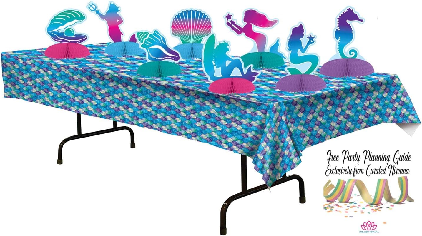 Mermaid Scales Tablecloth and Honeycomb Centerpieces (8 Count) Bundle by Curated Nirvana