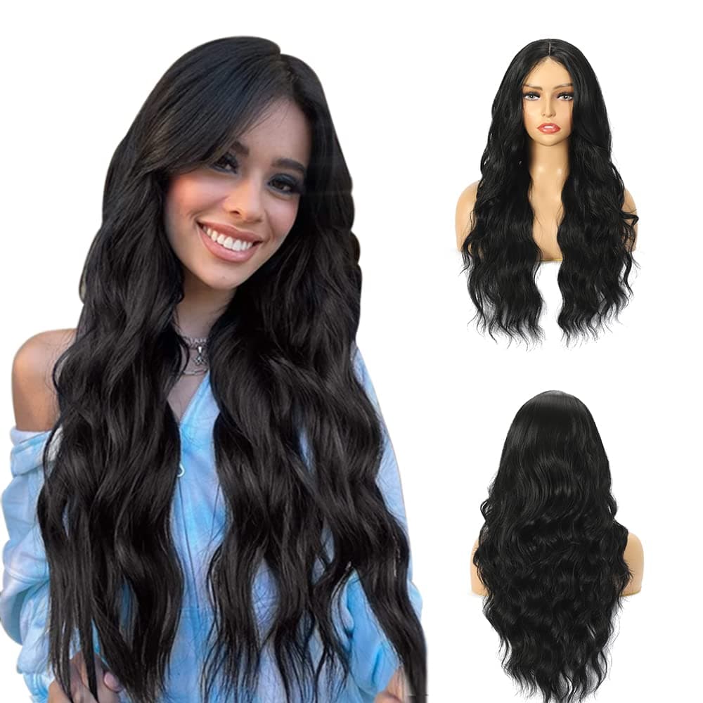 Amarlis Long Wavy Wigs for Women, 24 Inch Middle Part Curly Black Wig Soft Natural Wave Synthetic Heat Resistant Fiber Wigs Hair for Daily Party Use(24 Inch, Black)
