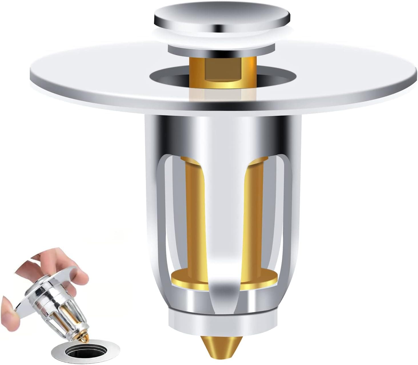Bathroom Sink Stopper Fits 1" -1.49" Drain Holes, Drain Stopper Chrome Plating, Brass Entity Pop Up Drain for Bathtub Stoppers, Bounce Core Bathroom Sink Drain Strainer