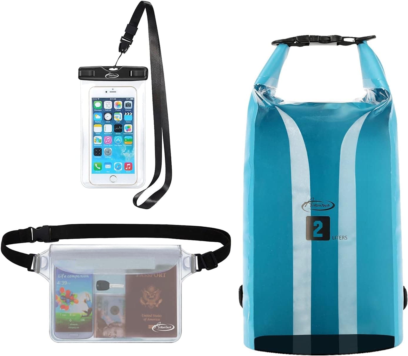 AiRunTech Dry Bag Waterproof, Floating and Lightweight Bags for Kayaking, Boating, Fishing, Swimming and Camping with Waterproof Waist Pouch and Phone Case