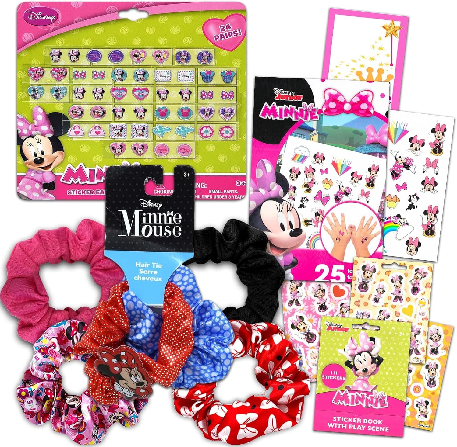Classic Disney Minnie Mouse Scrunchie and Sticker Earrings Set for Girls ~ 6 Pc Bundle with Minnie Mouse Beauty Set, Stickers, Tattoos, and More | Minnie Dress-Up Accessories and Party Supplies