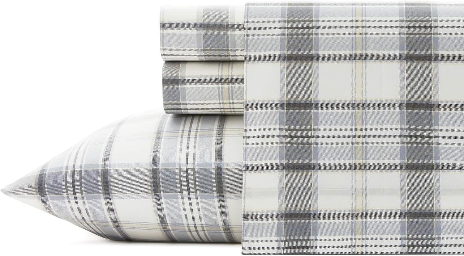 Eddie Bauer Sheets Cotton Percale Bedding Set, Crisp & Cool, Stylish Home Decor, Queen, Chinook Grey/Ivory/Dark Grey