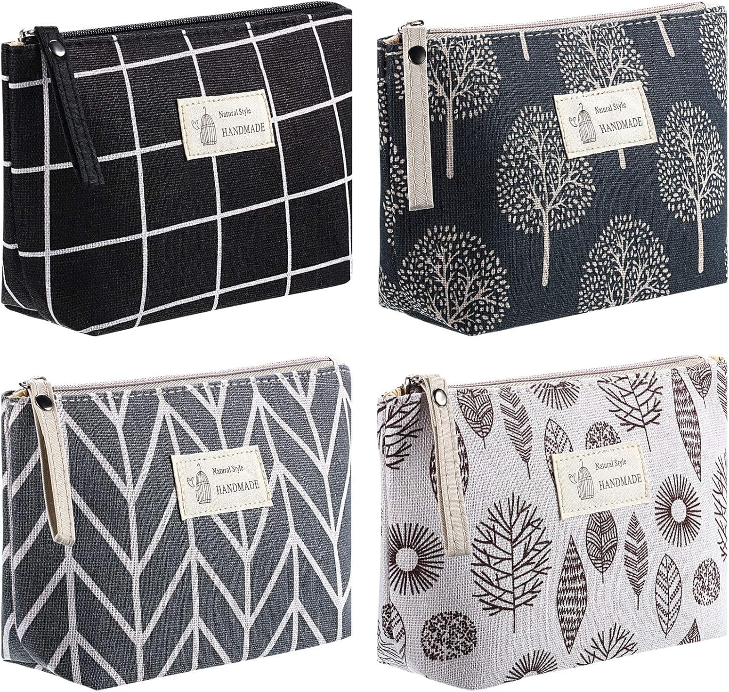 4 Pieces Canvas Cosmetic Bags Set Printed Makeup Bags with Zipper Multi-Functional Canvas Travel Pouch for Women Vacation Travel Toiletry Bag, 4 Styles (Arrow, Plaid, Tree, Leave, Small)