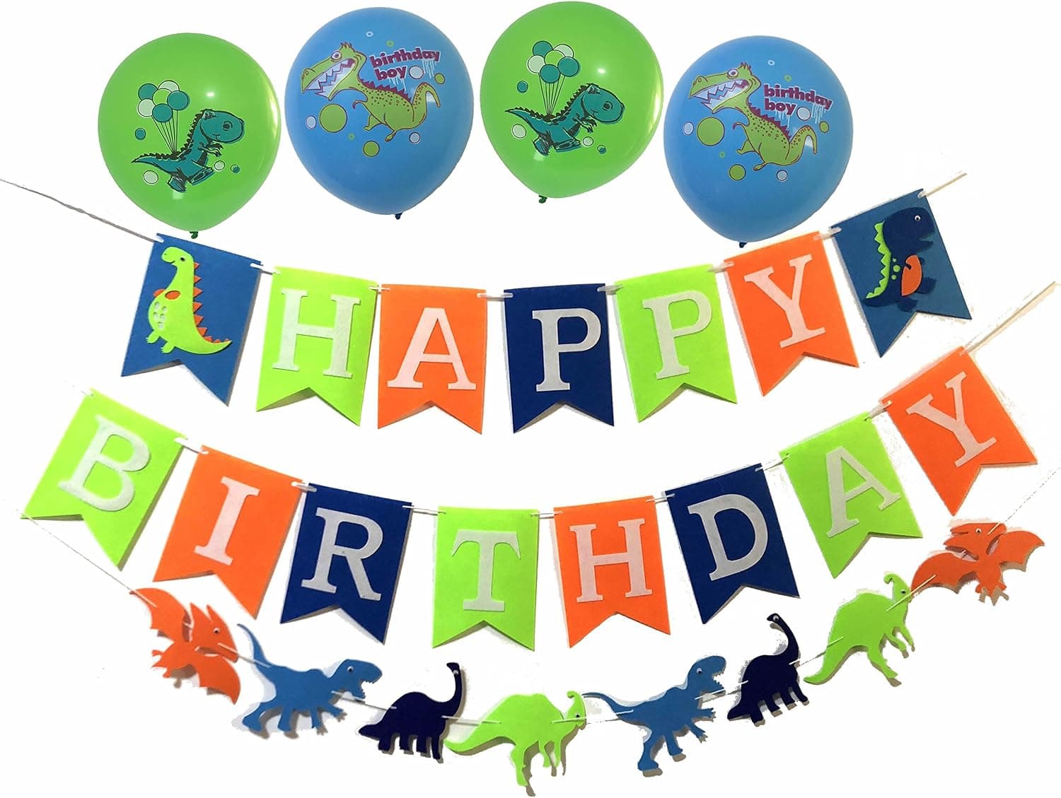 3 In 1- Dinosaurs Decorations for Kids Boys Banner Happy Birthday Garland Dino Balloons -Party Supplies Party Favors Kit (Green,Blue,Orange)