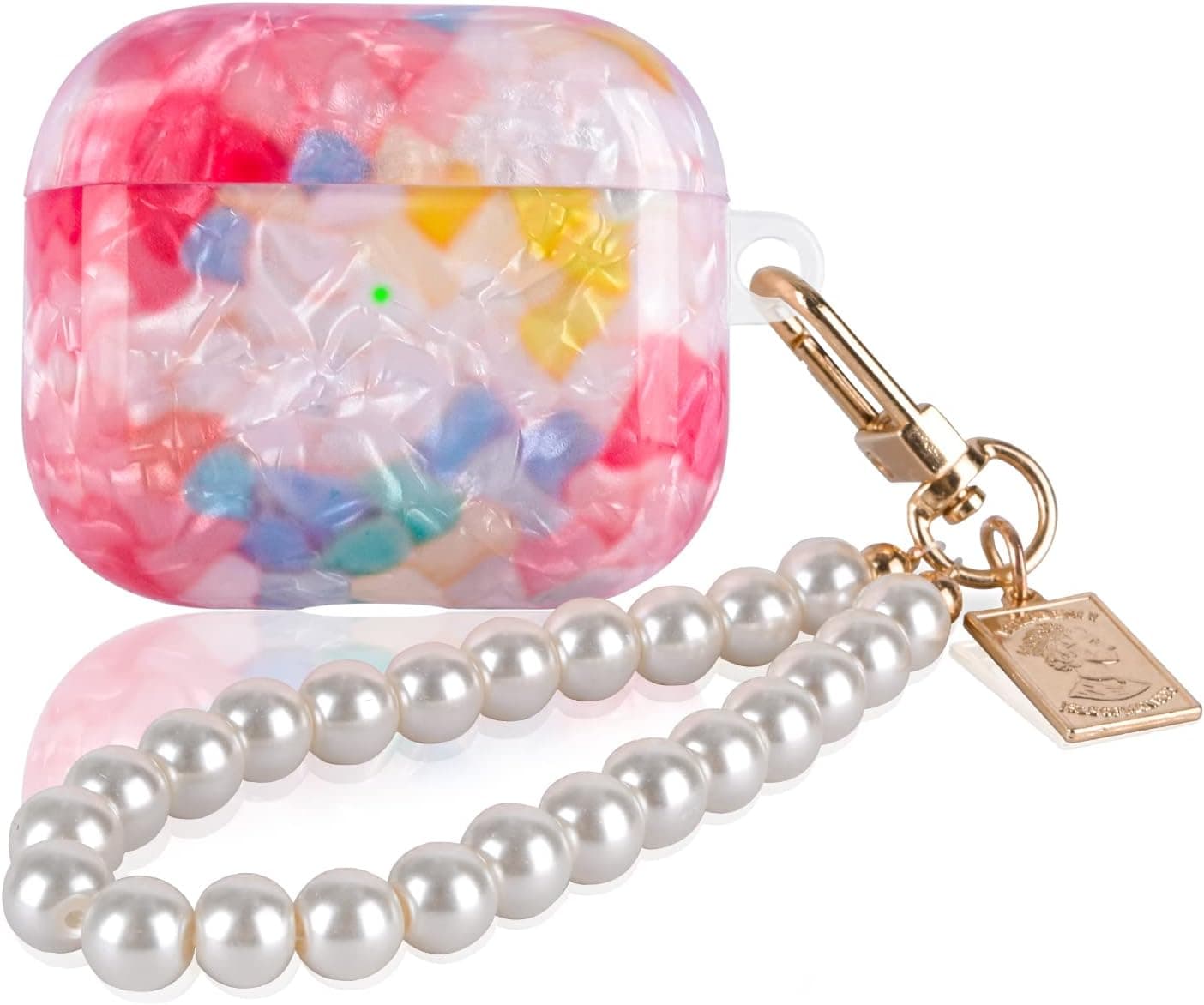 Glitter Shell Design for AirPods 3 (2021) with Pearl Keychain,Marble Rainbow Pink Colorful Sparkle Bling Cute Soft Shockproof Protective Skin Cover for Airpods 3rd Generation for Women Girls