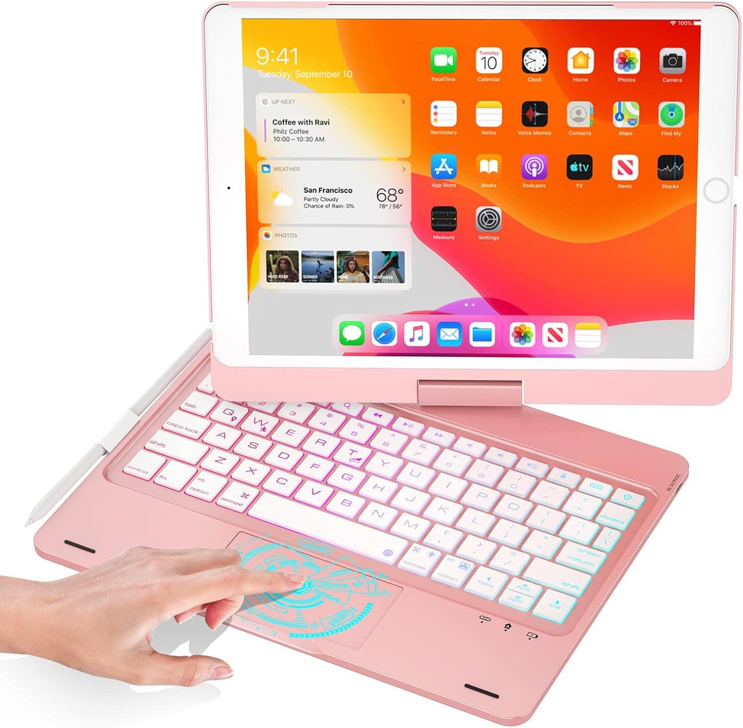 iPad 9th Generation Case with Keyboard and Touchpad, 360° Rotatable Backlit Keyboard with Pencil Holder for 10.2" iPad 9th Gen 2021/ 8th Gen 2020/ 7th Gen 2019 and iPad Air 3 / Pro 10.5 inch-Rose Gold