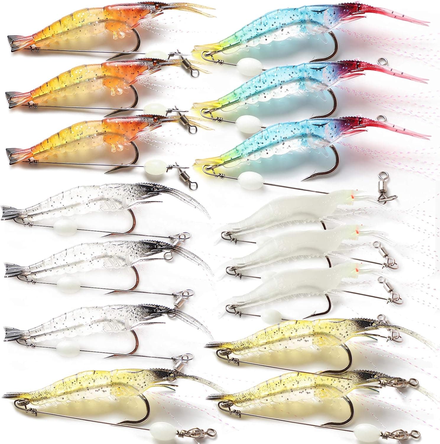 FREE FISHER 15pcs Shrimp Bait Set,Shrimp Fishing Lures,Luminous Shrimp with Fishing Hooks,Soft Plastic Fishing Lures for Bass Freshwater Saltwater