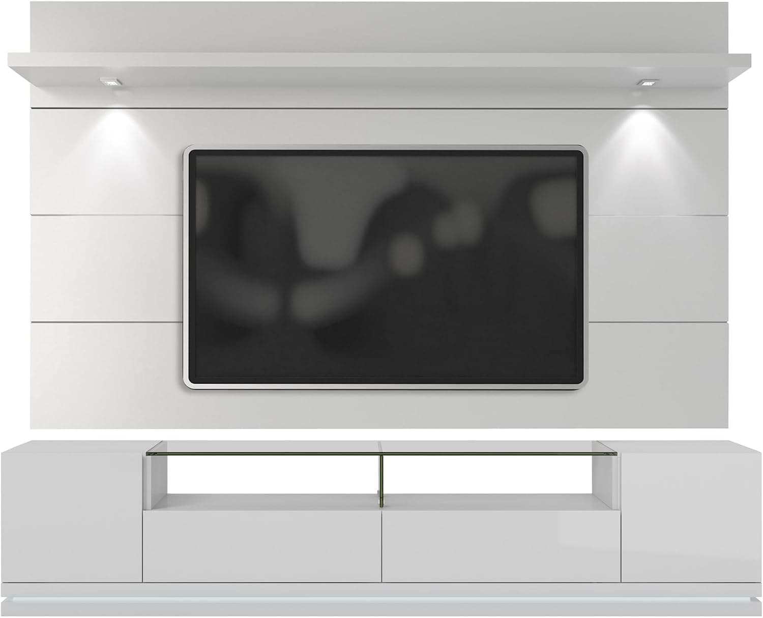 Manhattan Comfort Vanderbilt TV Stand and Cabrini 2.2 Floating Wall TV Panel with LED Lights, White Gloss