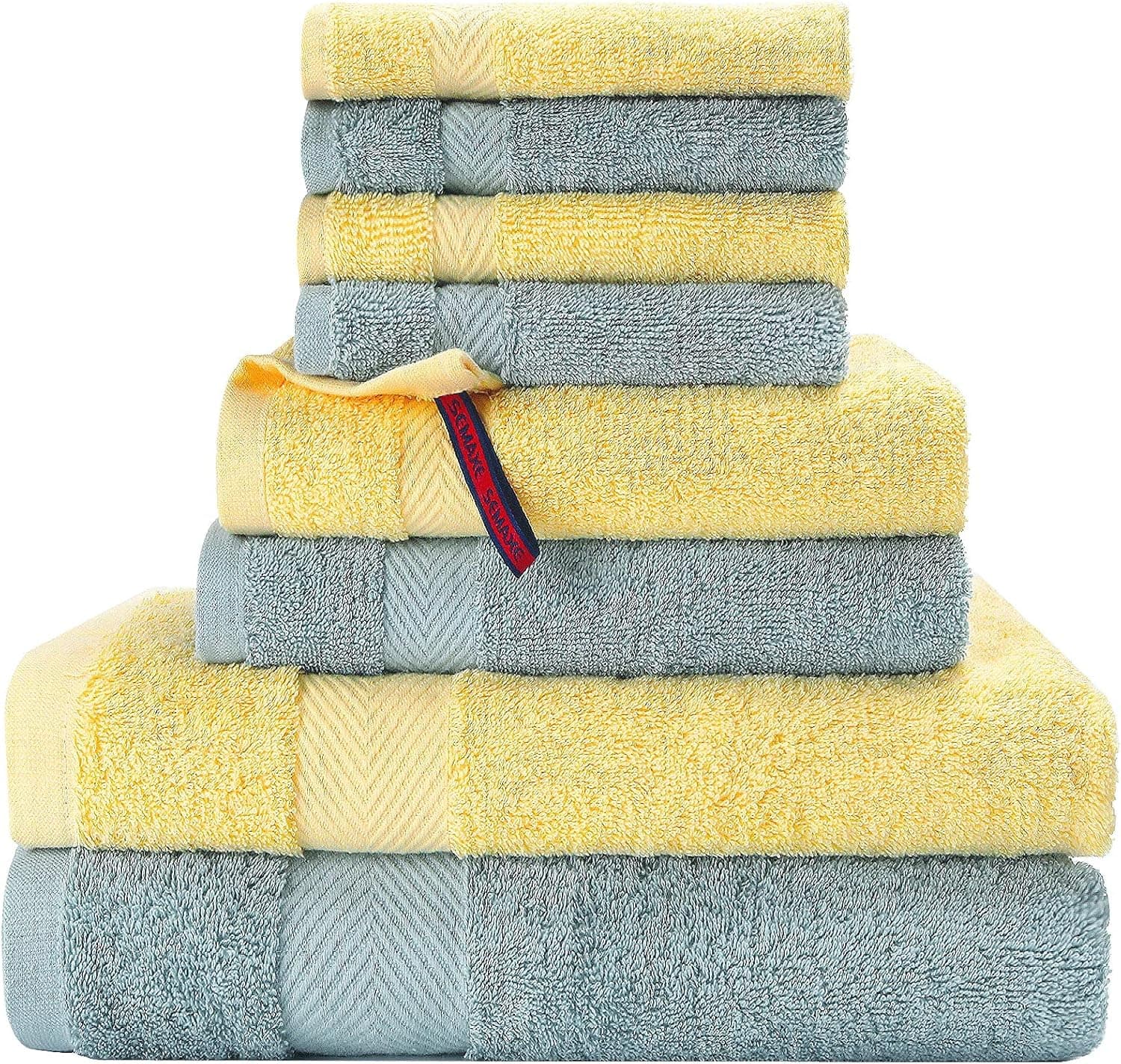 SEMAXE Bath Towels Set , 100% Cotton , 2 Bath Towels, 2 Hand Towels, 4 Washcloths Bathroom Towel , Soft Absorbent and Fluffy Shower Towel ( Yellow Blue Towel Set of 8 )