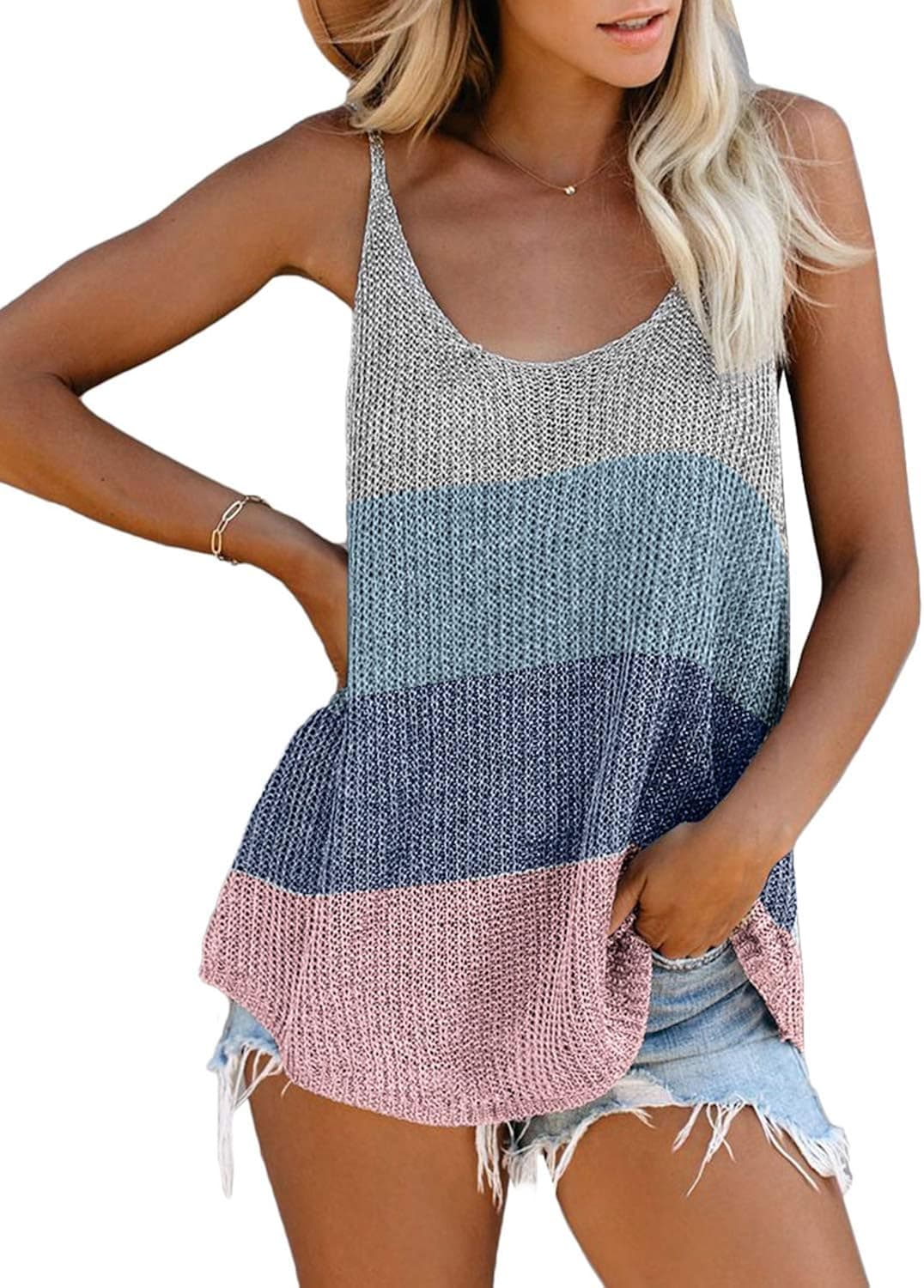 zenicham Women Tank Tops Summer Scoop Neck Knit Sleeveless Casual Loose Cami