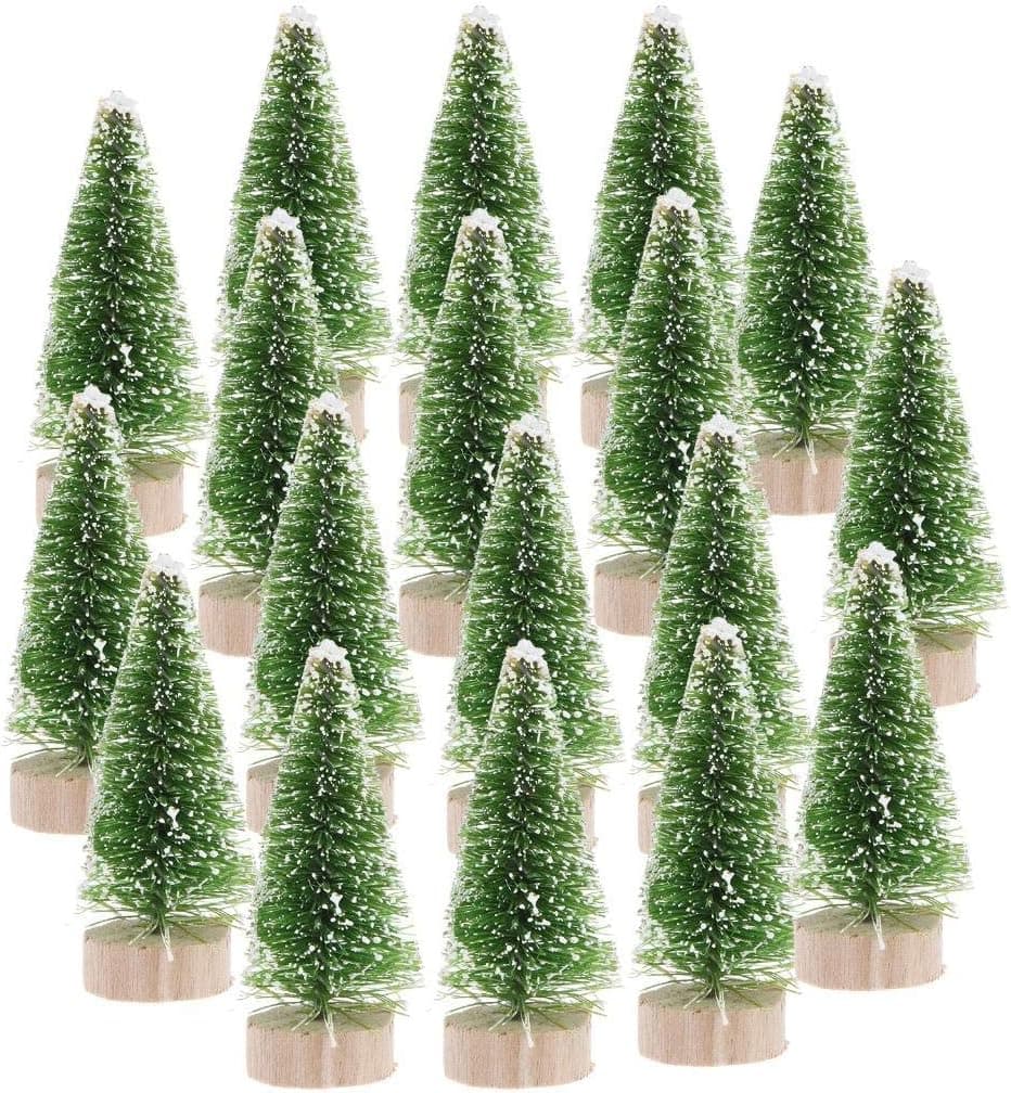 Ioffersuper 12Pcs Mini Sisal Trees with Wood Base Artificial Christmas Pine Trees Bottle Brush Trees for Winter Snow Miniature Scenes DIY Christmas Crafts Xmas Holiday Home Desk Tabletop Decor