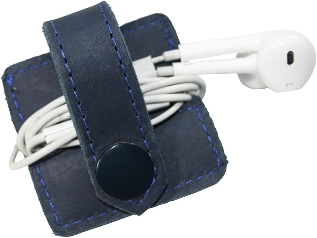 Hide & Drink Durable Leather Headphone Wrap with Snap Handmade Slate Blue