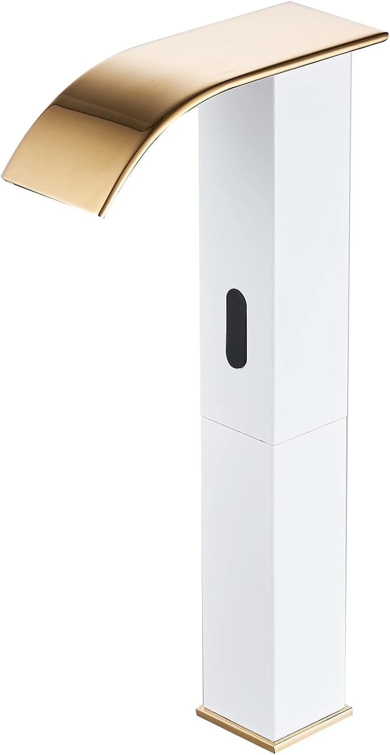 Touchless Bathroom Vessel Faucet Electronic Sensor Automatic Waterfall White Gold Bathroom Faucets Hands Free Water Saving One Hole Bowl Sink Faucet Motion Sensor Lavatory Vanity Faucet Deck Mounted