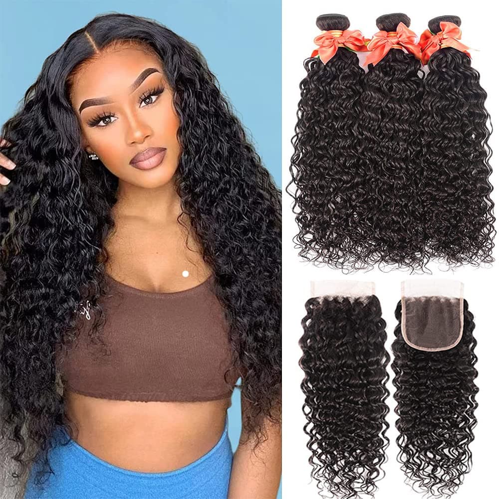 Water Wave 3 Bundles with Closure Brazilian Virgin Human Hair Wet and Wavy Bundles with 4x4 Lace Closure 10A Water Wave Bundles and Closure (24 26 28+20) Curly Wave Human Hair Extensions Natural Color
