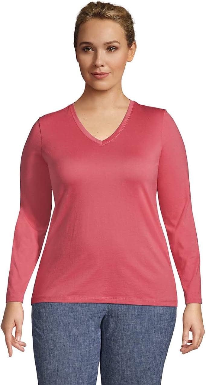 Lands' End Women s LS Relaxed Supima V Neck T Shirt Soft Mojave Rose Plus 1x