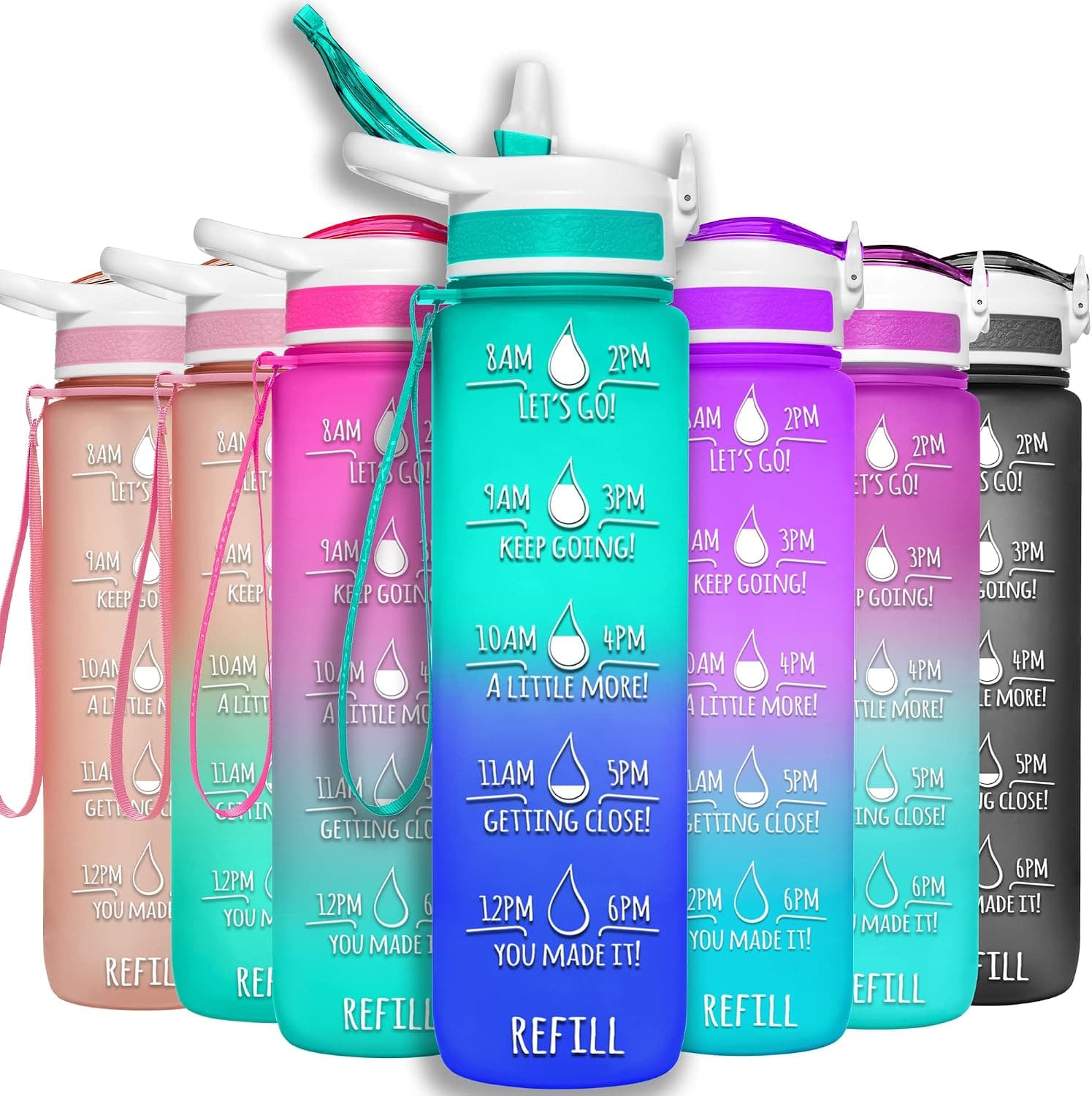 NatureWorks HydroMATE 32 oz Water Bottle with Time Markings Hourly BPA Free Reusable Leak Proof with Straw and Carrying Strap 1 Liter