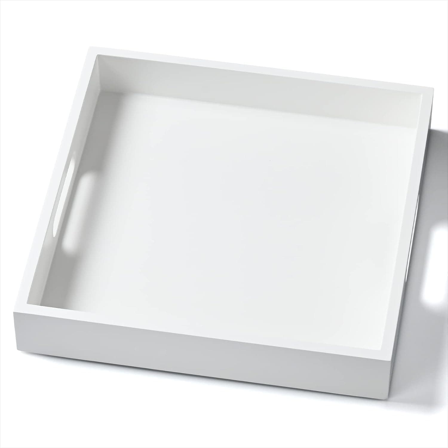 White Wooden Serving Tray with Handles, 12"x12"x2"H Square Countertop Organizer Tray， Decorative Cosmetics Tray for Kitchen, Bathroom, Sturdy Food Tray for Breakfast, Tea