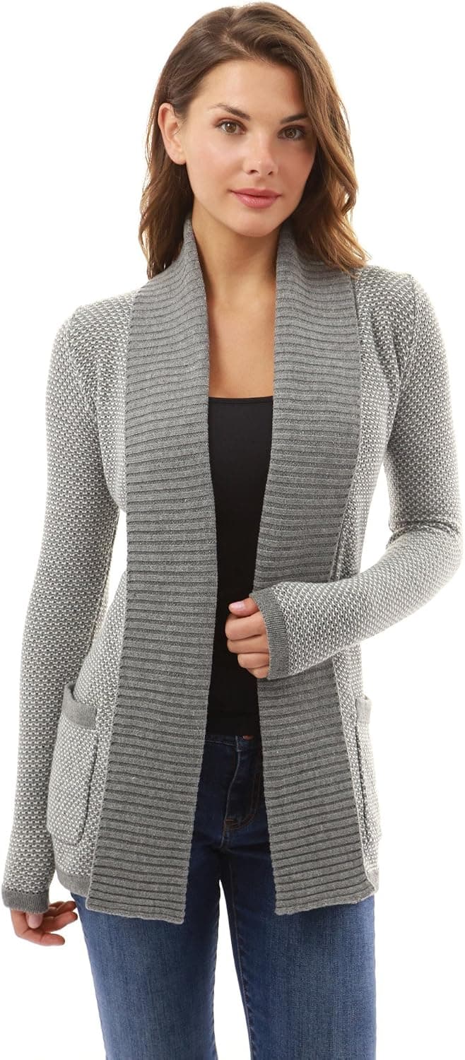 PattyBoutik Women Open Front Marled Sweater Cardigan (Gray and White Large)