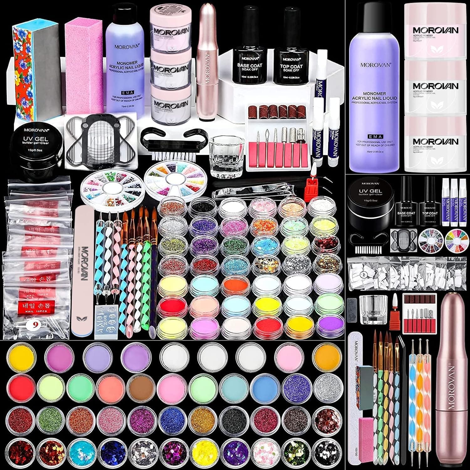 Morovan Acrylic Nail Kit with Drill Acrylic Powder Set with Everything Acrylic Nail Powder Glitter Extension Set for Nails Supplies Acrylic Brushes Nail Tips Art Decoration Tools DIY Salon at Home