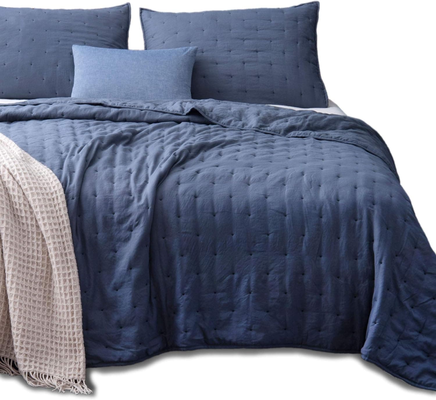 KASENTEX Quilt-Coverlet-Bedspread-Blanket-Set + Two Shams, Ultra Soft, Machine Washable, Lightweight, All-Season, Nostalgic Design - Solid Color (King + 2 Shams, Blue)
