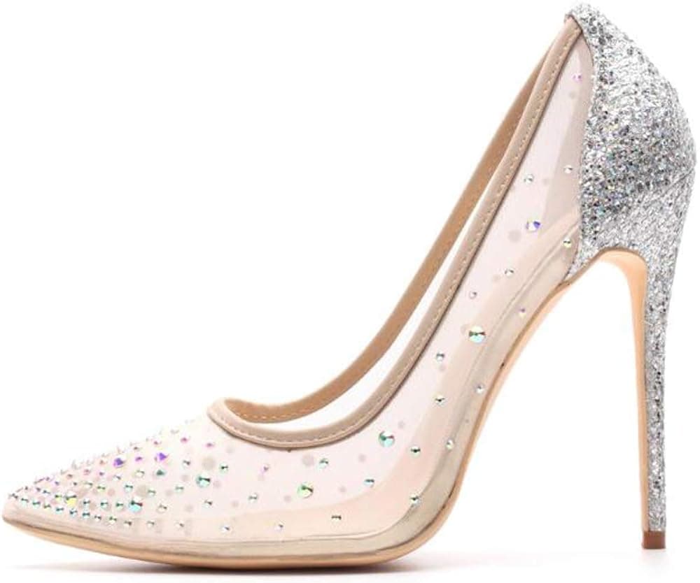 Miluoro Rhinestone Pointed Toe Silver High Heels Women Pumps Transparent Party Wedding Shoes