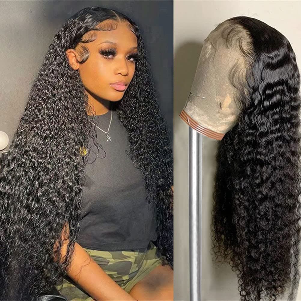 Deep Wave Lace Front Wigs Human Hair 13x4 HD Transparent Lace Frontal Human Hair Wigs for Women Glueless Brazilian Virgin Hair Wet and Wavy Human Hair Wigs Pre Plucked Natural Black Color 20inch