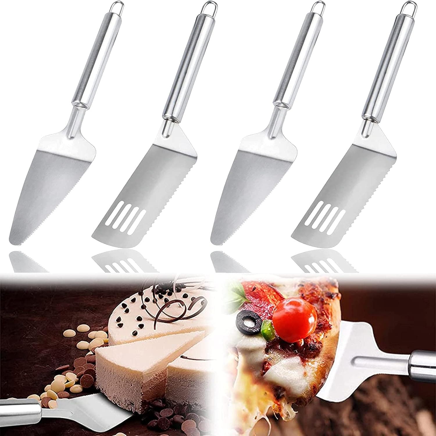 Pie Server Set of 4 Pieces, Stainless Steel Serrated Spatula and Cake Cutter Kitchen Tool with Comfortable Handle for Cutting and Serving Cake, Pizza, Pancake, Cheese