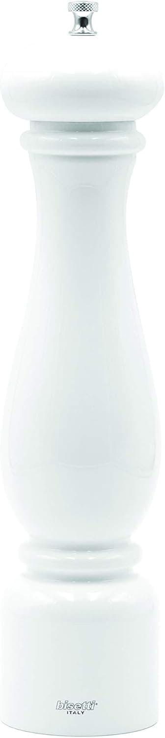 Bisetti Firenze 12.6 Inch White Lacquered Beechwood Salt Mill Grinder With Adjustable Ceramic Grinder