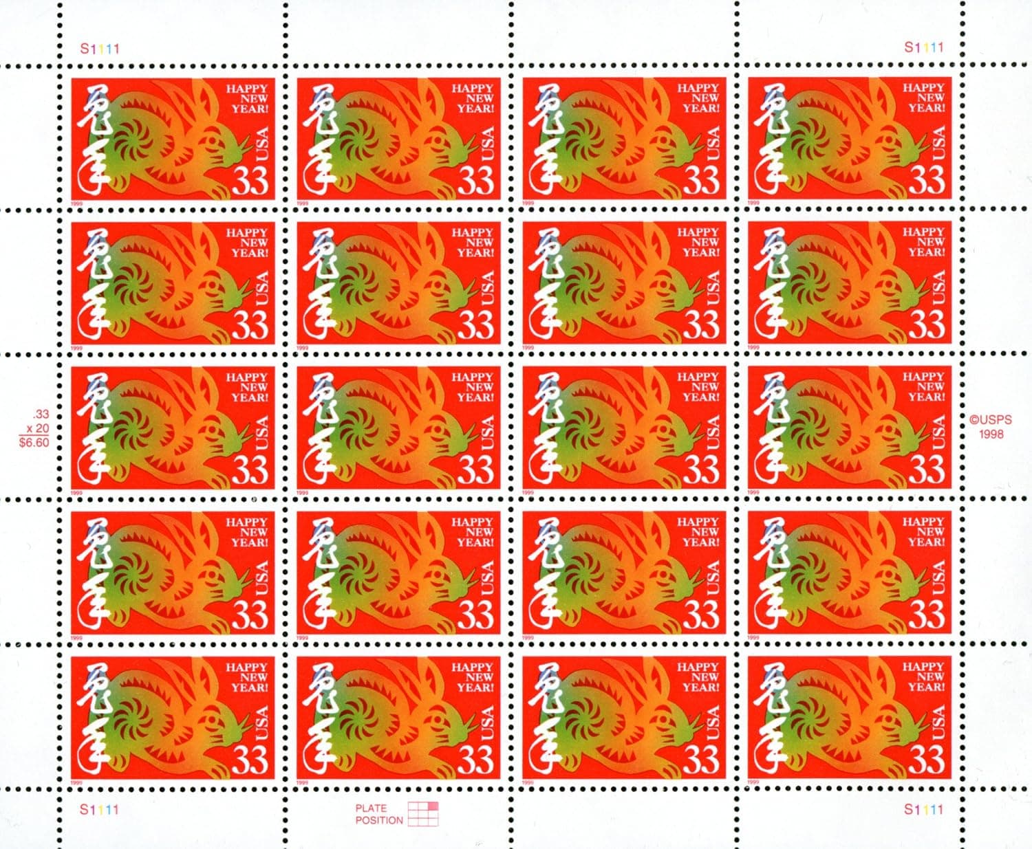 Year of the Rabbit: Lunar New Year, Full Sheet of 20 x 33-Cent Postage Stamps, USA 1999, Scott 3272