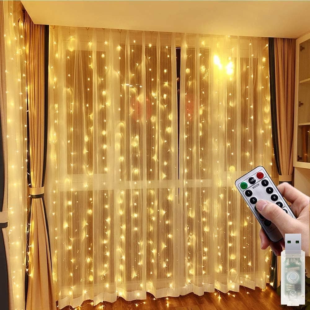 USB Curtain Lights 300 LED 8 Modes Hanging LED Curtain Lights, ​9.8×9.8 Ft Remote ​Control USB Powered Waterproof Christmas Fairy String Lights for Outdoor, Wedding, Party, Home Decoratio - Warm White