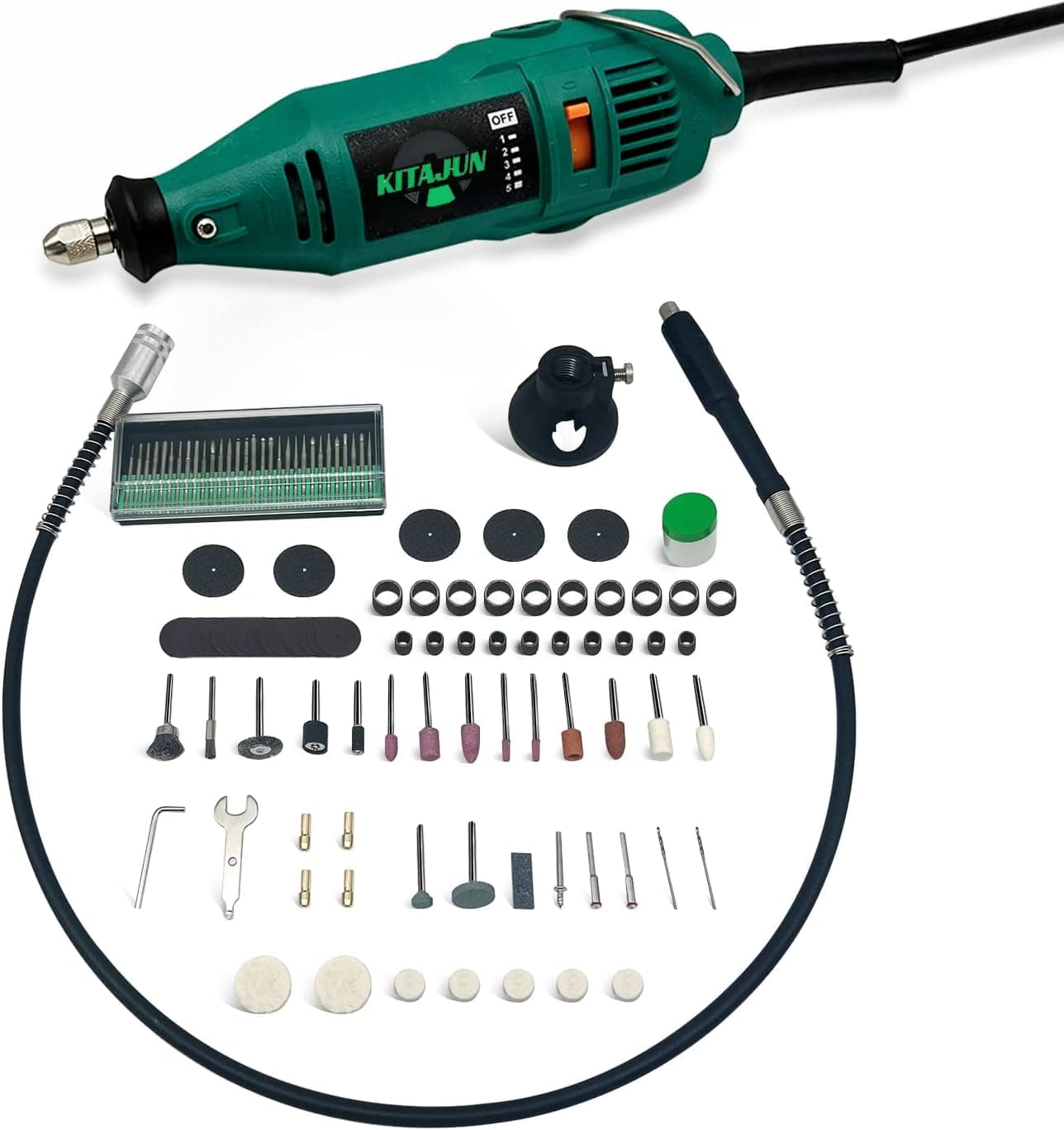 Kitajun Rotary Tool Kit, 5 Speed Adjustments 10000-37000RPM, Equipped with Flex Shaft and Multifunctional Chuck, 218 Accessories, Power Multipurpose Set for Craft Projects and DIY Creations