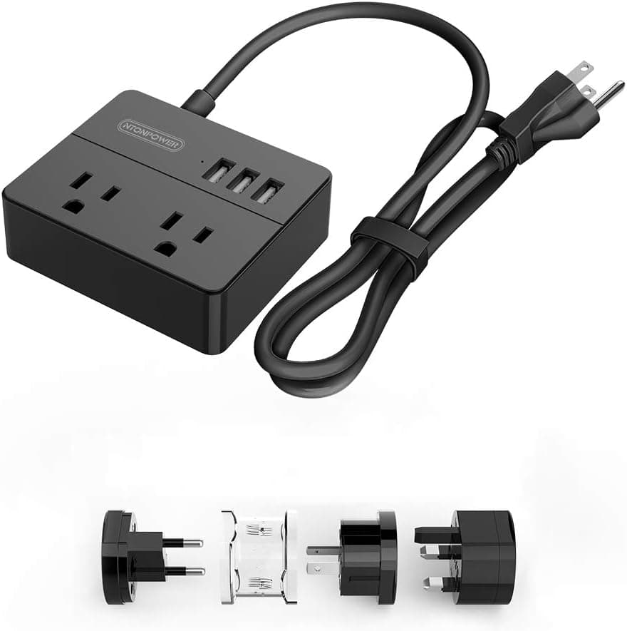 USB Power Strip - NTONPOWER Portable Charging Station No Surge Protection 2 Outlets 3 USB Ports with International Universal Adapter Set for European Countries - Black