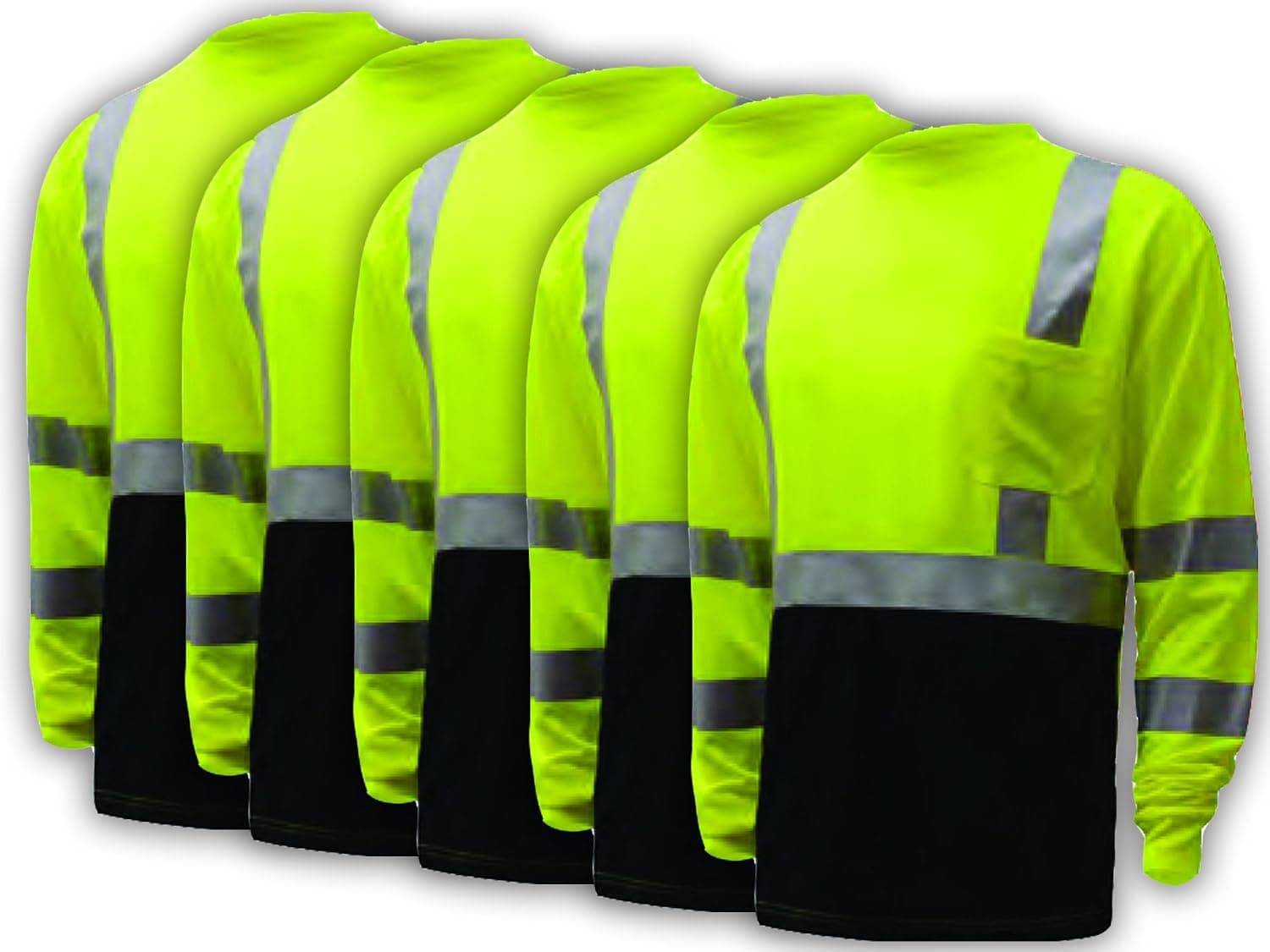 5 PACK Premium Breathable Birdseye Microfiber Class 3 Long Sleeve Black Bottom T-Shirt (XXL)