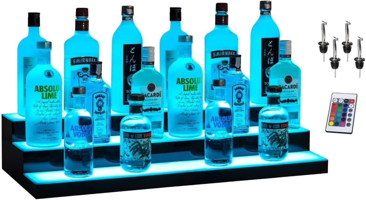 Boss Premium® BarUSA™ 28 Inch 3-Step LED Lighted Bar Shelf Display Liquor Bottle Alcohol Whiskey Shelves Rack Stand Tray Units for Home Bar Living Room Accessories and Decor - Designed in USA