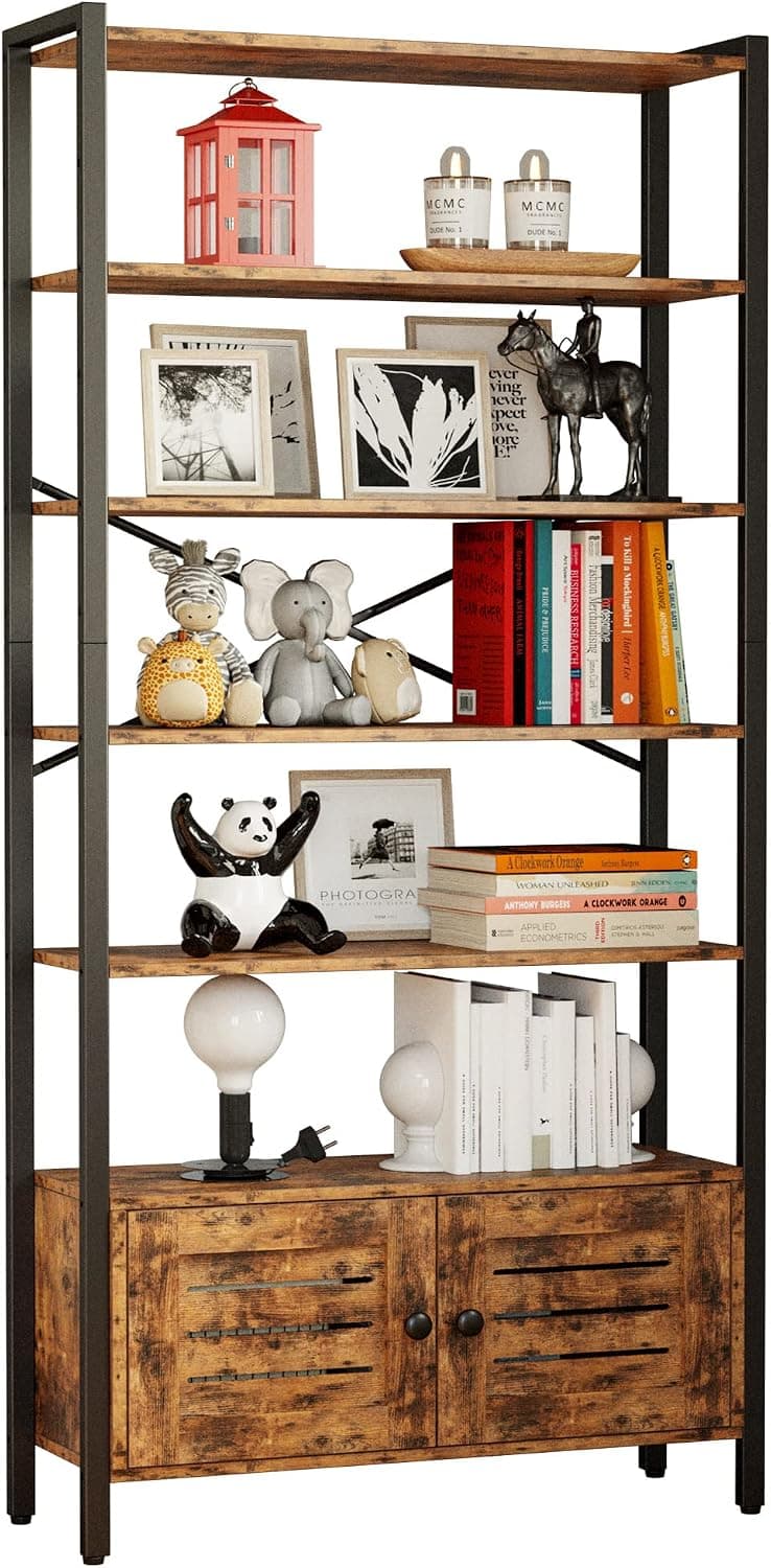 IRONCK Bookshelf and Bookcase with Adjustable 5 Shelves, 70" H x 31.5" W Wide Bookshelves with Door and Wheels, Vintage Brown