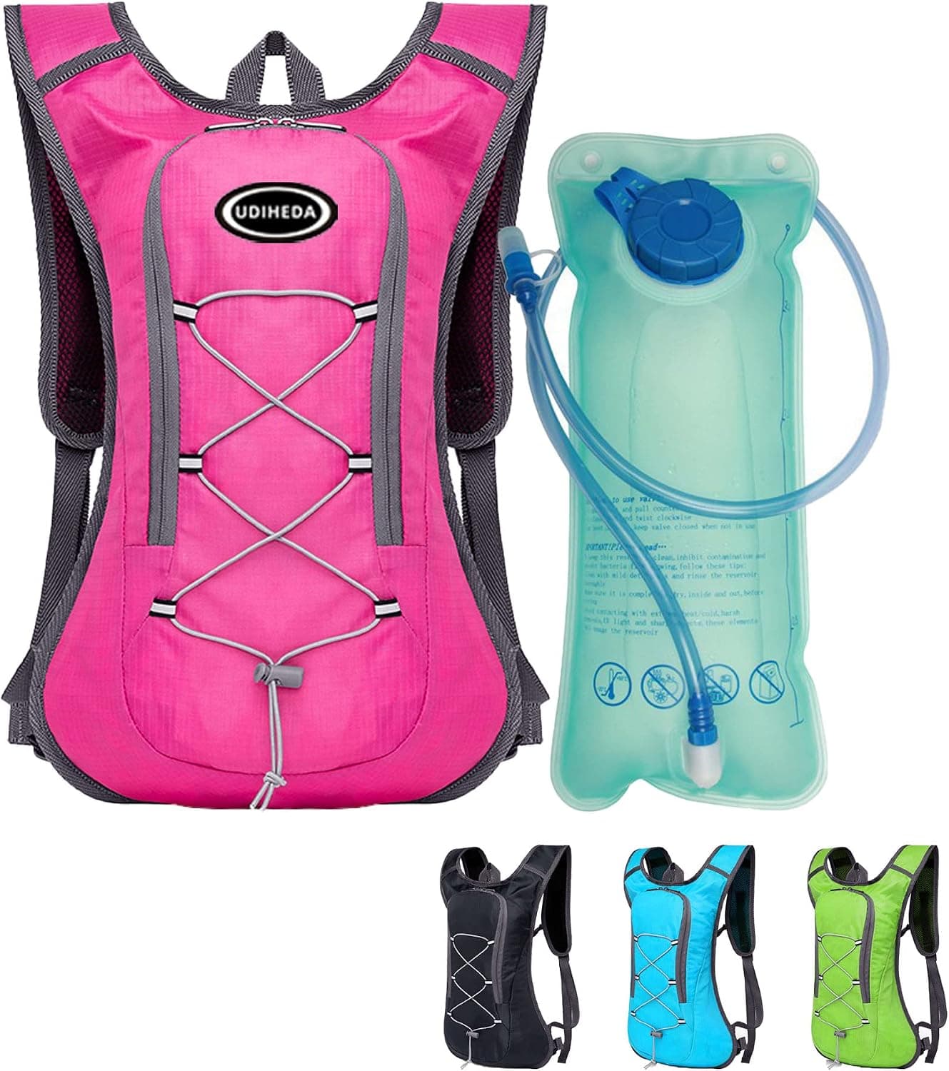 UDIHEDA Hydration Pack with Free 2L Free Water Bladder, Lightweight Water Rucksack Backpack Perfect for Hiking, Running, Cycling Blue/Black/Green/Pink