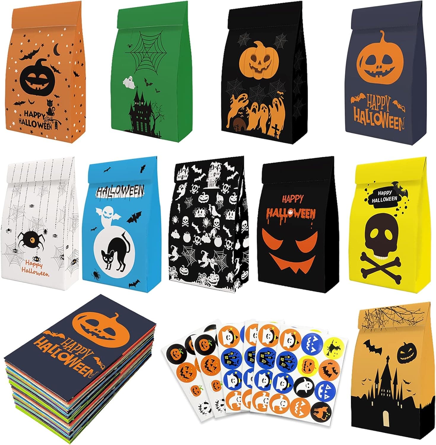 Halloween Treats Bags Party Favors - 54 Pcs Kids Halloween Candy Bags for Trick or Treating + 72 Pcs Halloween Stickers, Mini Paper Gift Bags for Treats Snacks, Halloween Goodie Bags Party Supplies