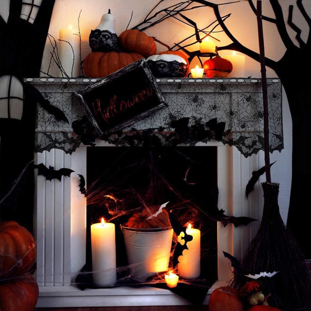 3Pcs Halloween Indoor Decorations Lamp Shade Cover Oasisblossom Black Lace Tablecloth Spider Web Lampshade Topper, Fireplace Mantel Scarf for Scary Movie Nights Halloween Party Decorations 20 x 60Inch