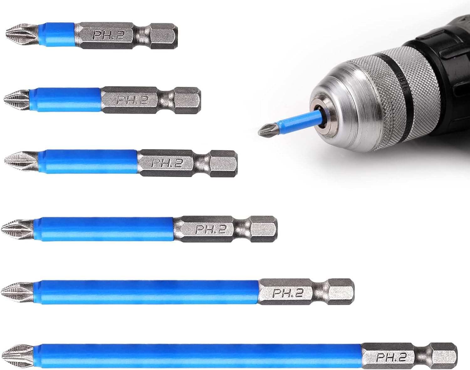 Magnetic Anti-Slip Drill Bit 6PCS, XAQISHIRE PH2 Screwdriver Bits Set, Hex Shank Screwdriver Drill Bit, Anti Slip Cross Single and Double Head Bits (50mm, 65mm, 70mm, 90mm, 127mm, 150mm)