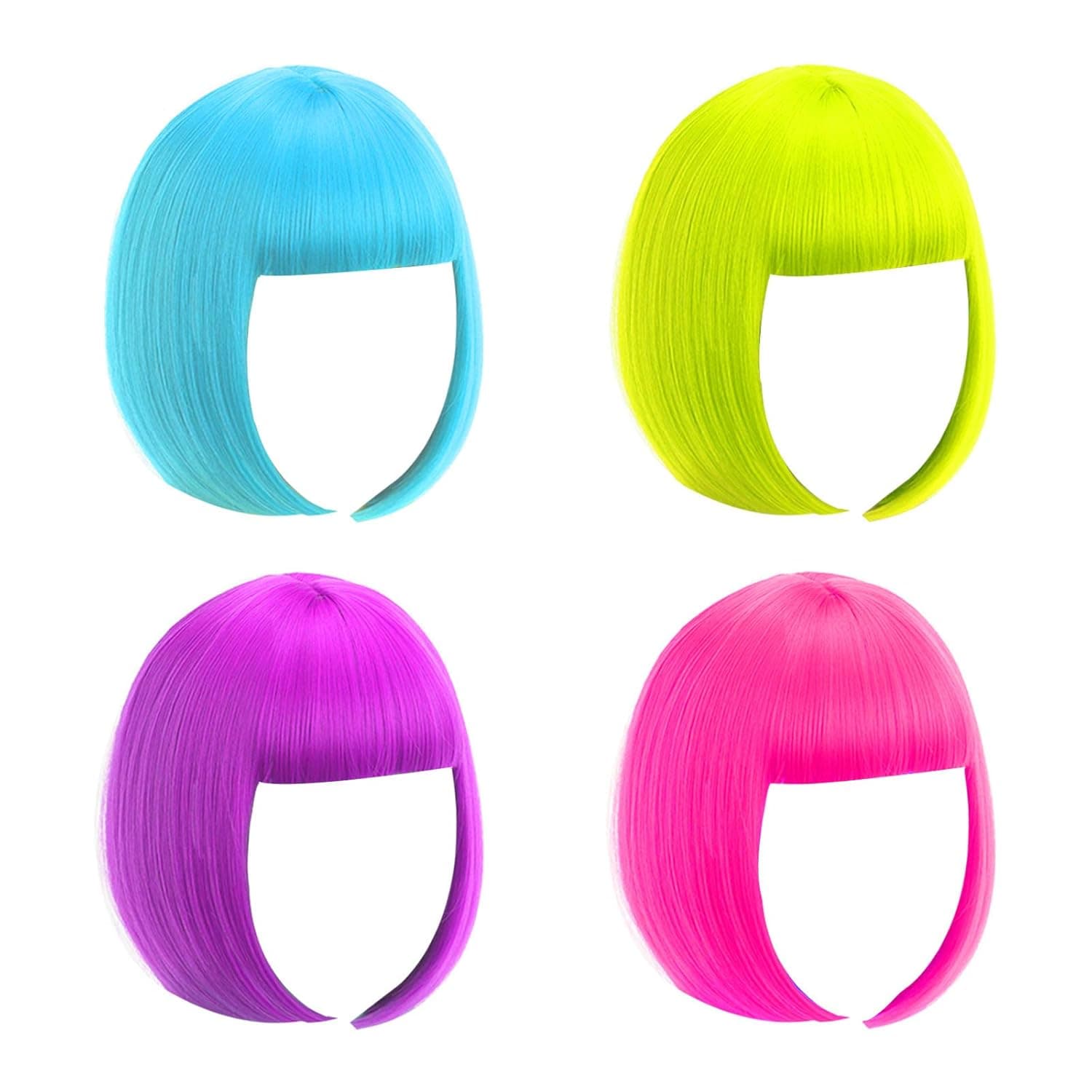 Short Bob Wig, 4 Pieces Colorful Wigs, Cosplay Wigs 12" Straight with Flat Bangs, Neon Colored Wig for Women Girl Party Favors Bachelorette Party Night Club Come with Extra Wig Cap (Blue Green Purple Hot Pink)