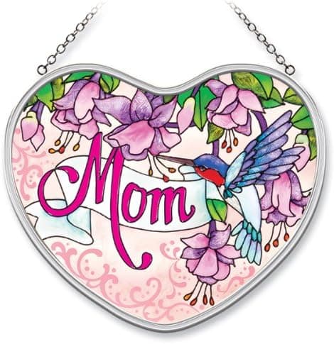 Amia 5-Inch by 4-1/2-Inch Heart Shaped Handpainted Glass Mom Suncatcher, Floral and Hummingbird