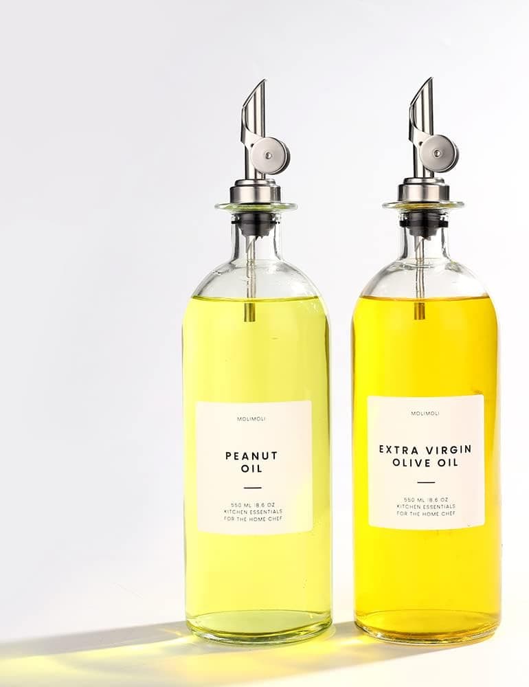 Moilmoli Oil and Vinegar Dispenser with Metal Pour Spout, Weighted Pourer, Glass Bottle Dispenser for Kitchen, Olive Oil Cruet, Glass Olive Olive Bottle | Set of 2 - Silver