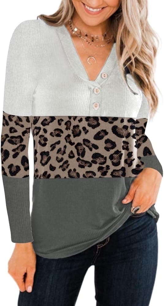 Womens Leopard Color Block Shirt Ribbed Long Sleeve Tunic Tops Henley V Neck Tees White