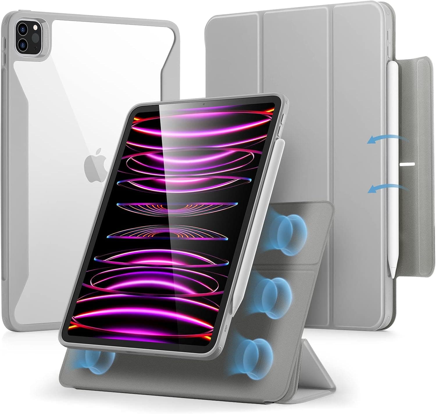ESR for iPad Pro 12.9 Inch Case (2022/2021), iPad Pro 12.9 Case 6th/5th Generation with Pencil Holder, Detachable Magnetic Cover, Vertical Stand, Auto Wake/Sleep, Rebound 360 Series, Grey
