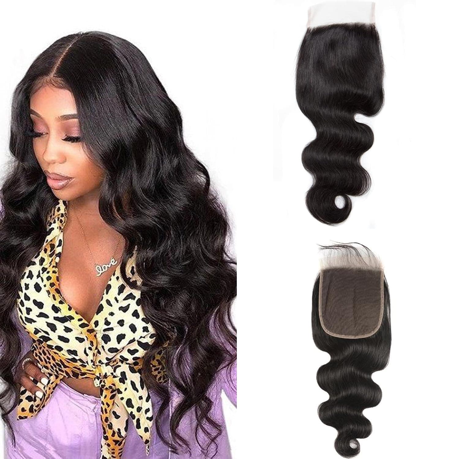 KAFEIER 4x4 Closure Body Wave Pre Plucked Free Part Lace Base Brazilian Human Hair Extensions Curly Sew In Hair Wet And Wavy Unprocessed Virgin Hair Closure Wholesale Natural Black 8 Inch