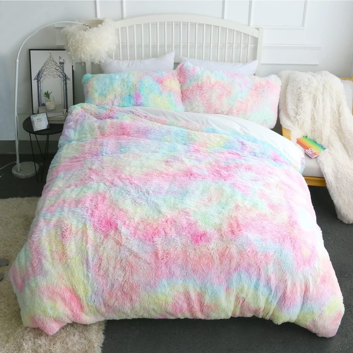 MILANKET Fluffy Comforter Cover Twin, Soft Rainbow Faux Fur Comforter Cover Pink, Tie Dye Plush Shaggy Fluffy Duvet Cover with 2 Pillowcases