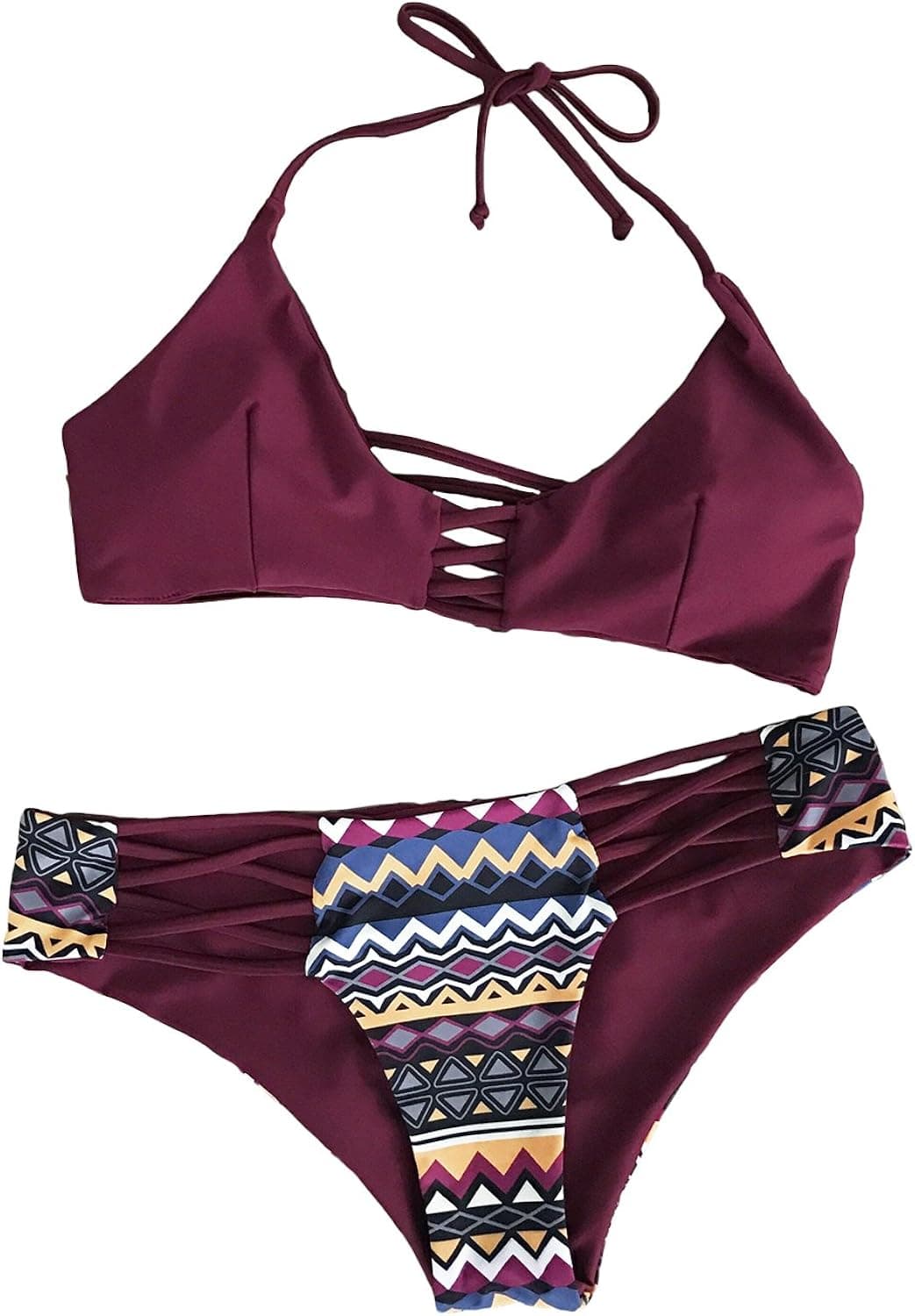 CUPSHE Women's Pure Color Lace up Halter Padding Bikini Set Beach Bathing Suit