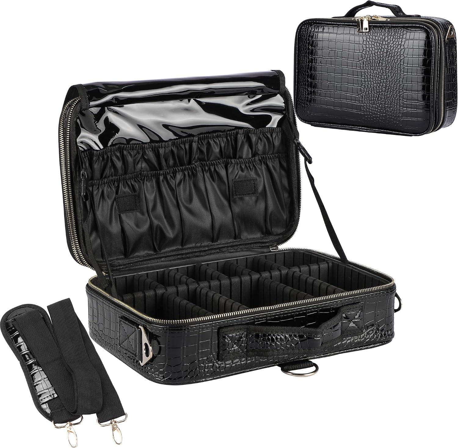 JOURMON Makeup Case 3 Layers Travel Makeup Train Case Crocodile Makeup Bag Organizer Portable Artist Storage Bag with Adjustable Dividers and Shoulder Strap